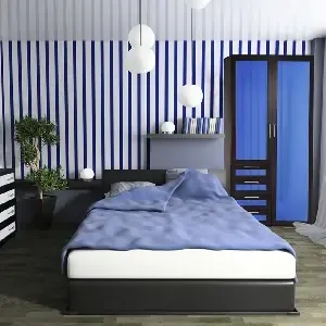Modern bedroom featuring a black bed with a blue blanket, striped blue wallpaper
