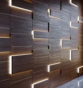 Close-up of a modern wooden wall with geometric panels