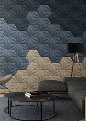 Interior design featuring a textured wall with geometric patterns