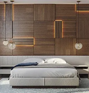 Modern bedroom with a plush bed, stylish wood panel wall