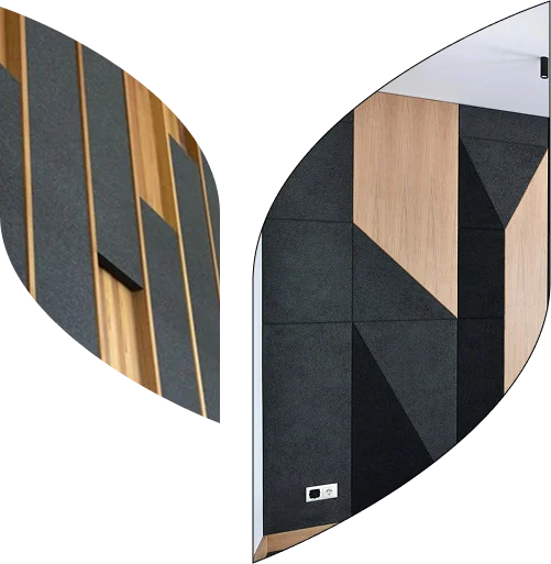 Modern interior featuring a textured wall design with contrasting black acoustical panels