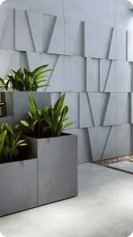 Modern interior featuring textured gray wall panels