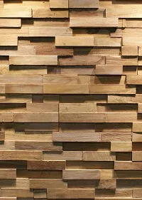Textured wooden wall with varying lengths and shades of light brown planks